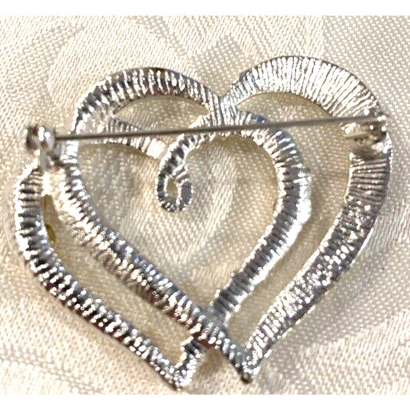 Double heart rhinestone accented silver brooch 1 3/4" wide - Picture 2 of 2